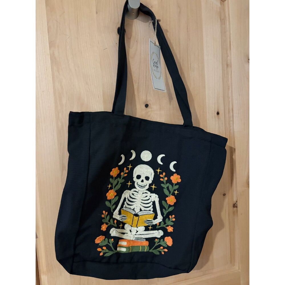 Coral Ridge Embroidered Skeleton Reading Canvas Tote Bag NWT